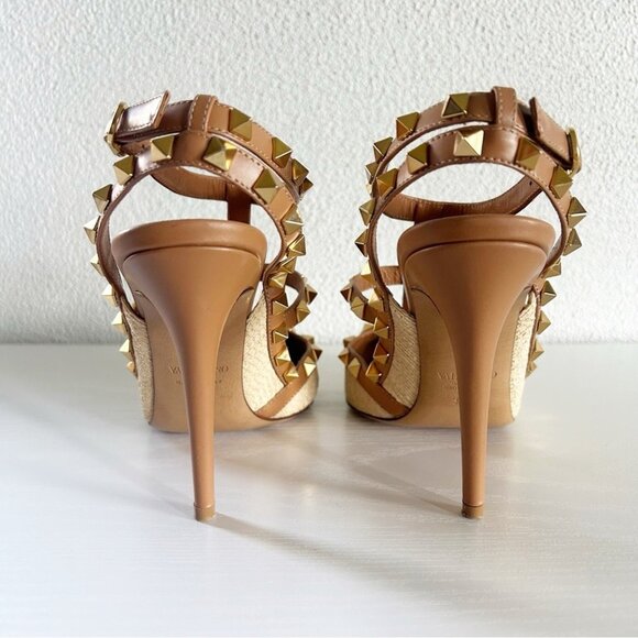 Valentino Garavani Rockstud Brown Leather Raffia Strappy Caged Heels - Picture 9 of 13